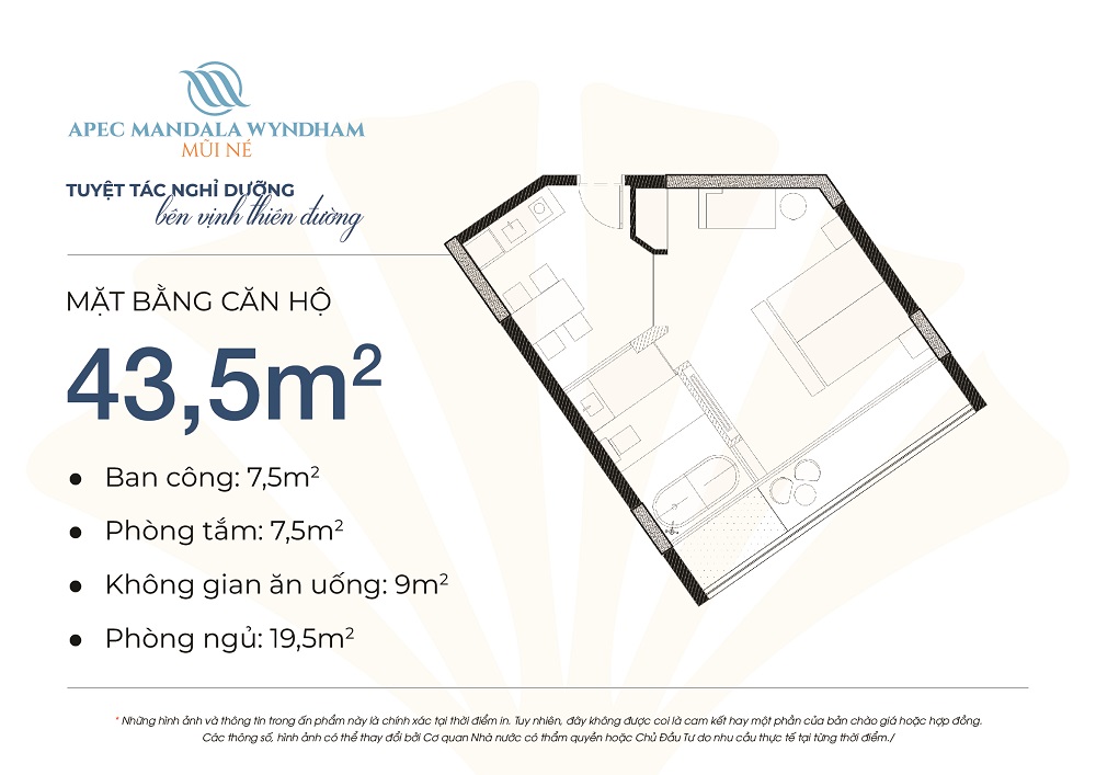 Thiết kế căn hộ Condotel Apec Mandala Wyndham Mũi Né diện tích 43,5m2 loại 1