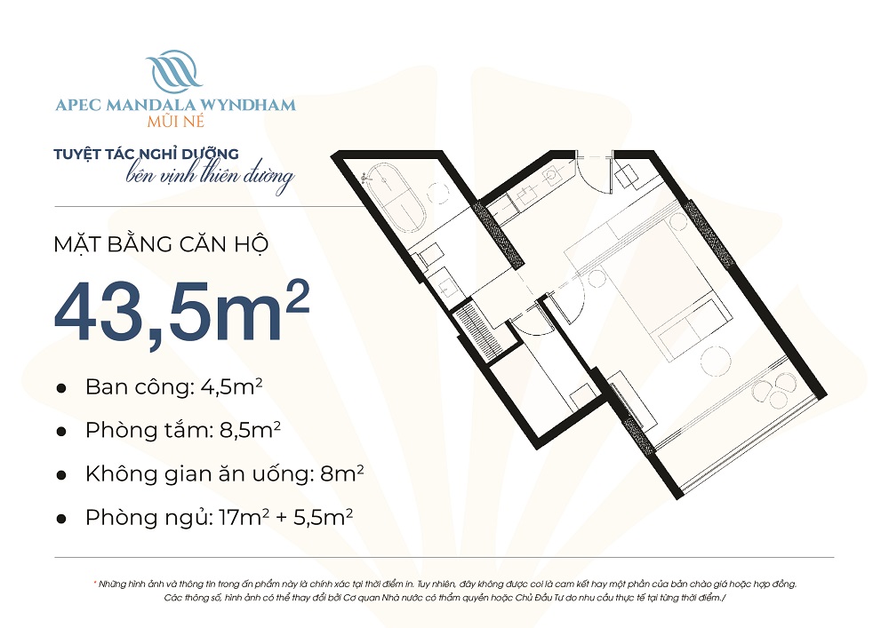 Thiết kế căn hộ Condotel Apec Mandala Wyndham Mũi Né diện tích 43,5m2 loại 2