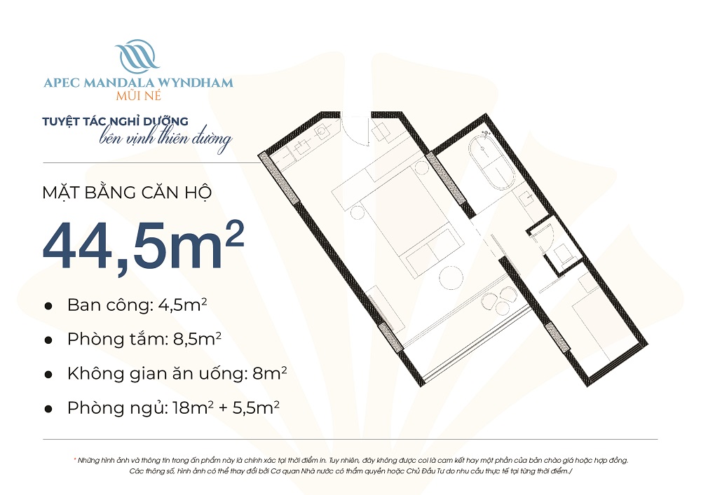 Thiết kế căn hộ Condotel Apec Mandala Wyndham Mũi Né diện tích 44,5m2 